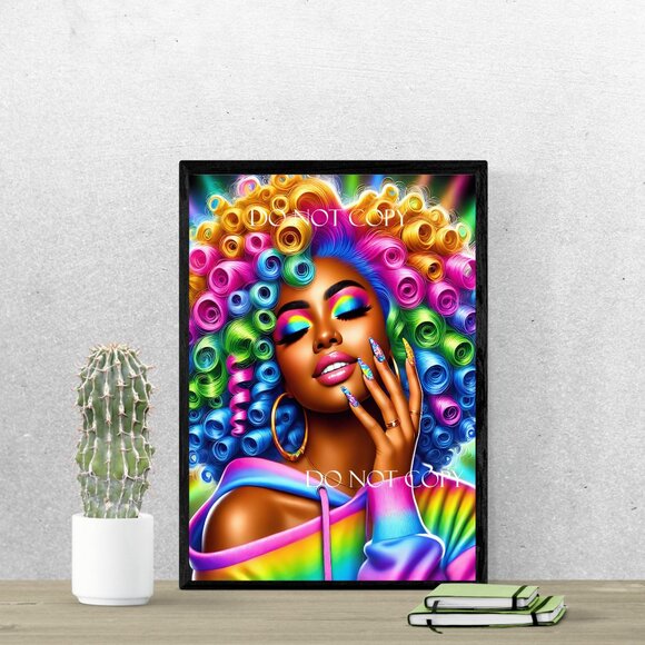 Colorful Afro Woman Pop Art – Vibrant Rainbow Curly Hair 8.5x11 Black Frame - Picture 5 of 7